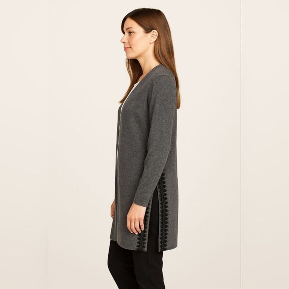 Open Front Cardigan Gray Black Embroidery Longline Sweater Coat *flaws* - Picture 10 of 10